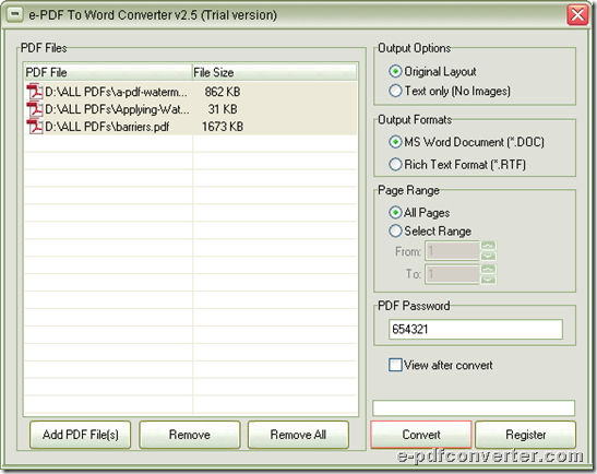 GUI interface of e-PDF to Word Converter 